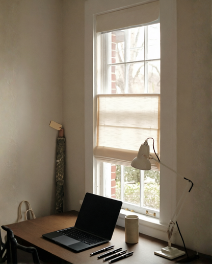 Top Down Bottom Up Roman Shades in natural linen, cordless Roman fold design with light-filtering fabric
