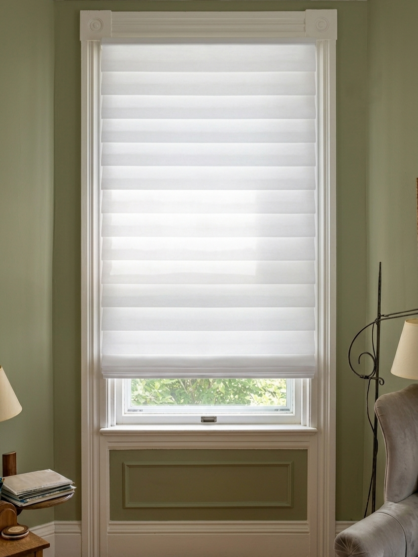 Custom hobbled Roman shades Top Down Bottom Up Roman Shades with soft fold design on a window in a modern home interior