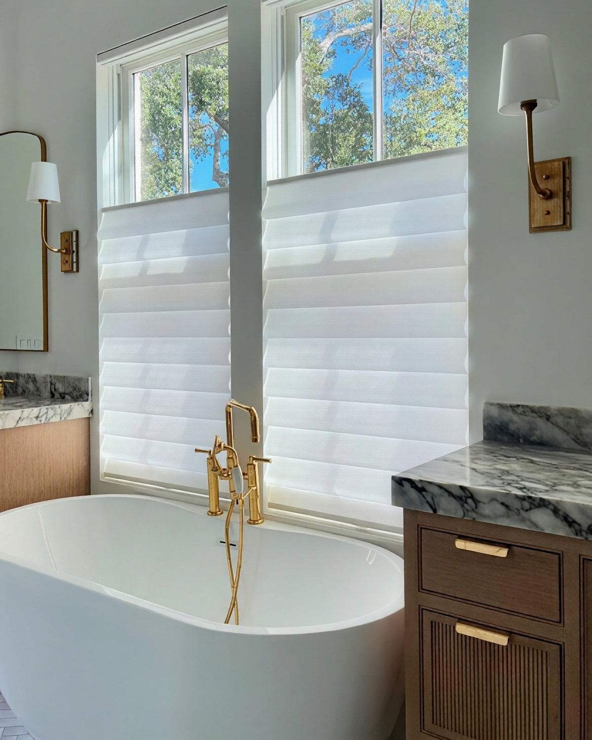 Custom hobbled Roman shade Top Down Bottom Up Roman Shades with soft folds and premium linen fabric in a modern interior