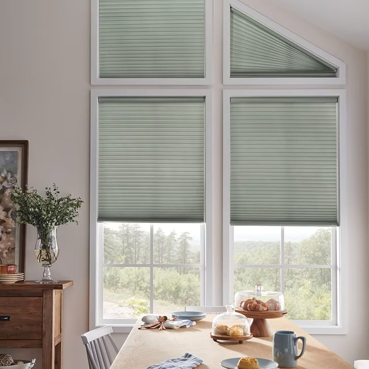 Custom 1-inch honeycomb cellular triangle window shades for arched and specialty-shape windows
