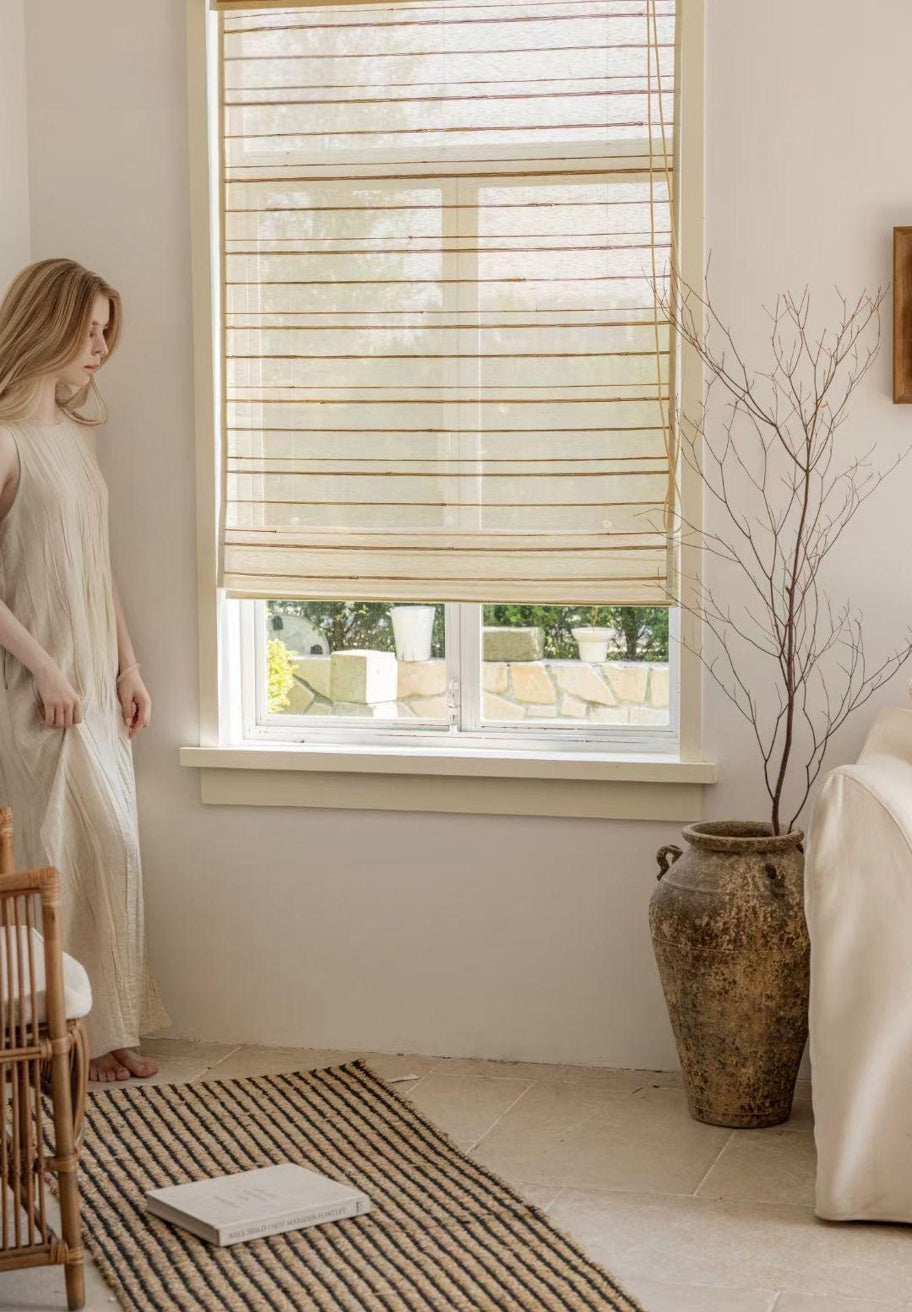 Natural Ramie Bamboo Blinds Woven Shades in a sunlit room with handcrafted eco-friendly design.