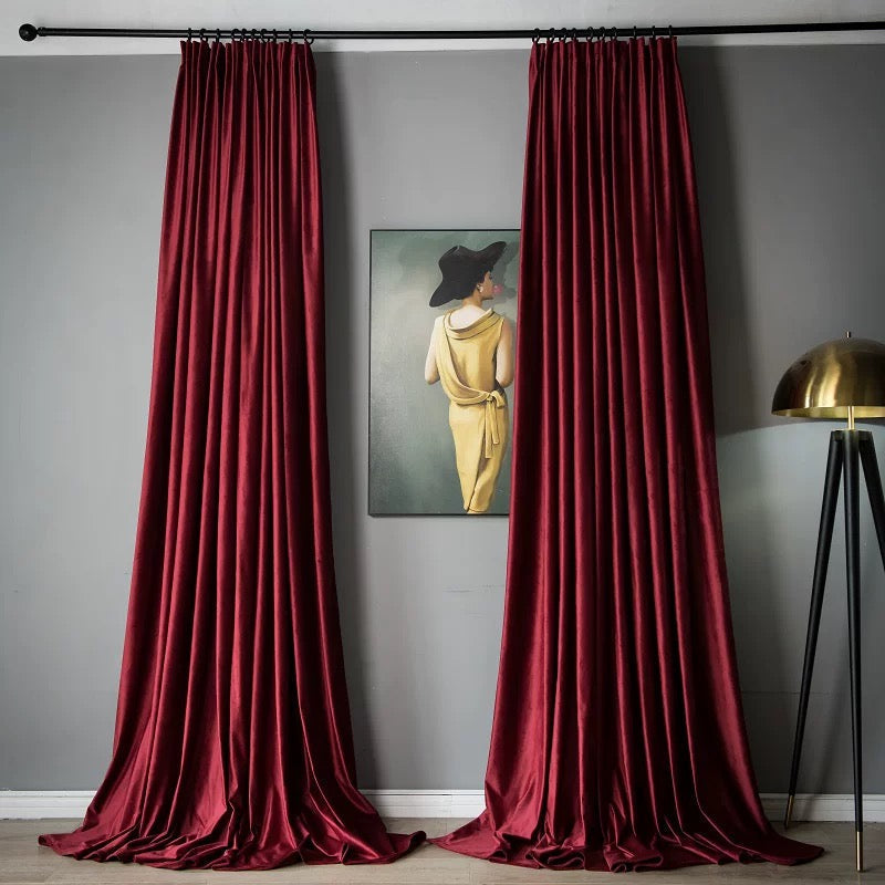 Luxurious soft sheen velvet drapes in deep rich colors for living room and bedroom interiors