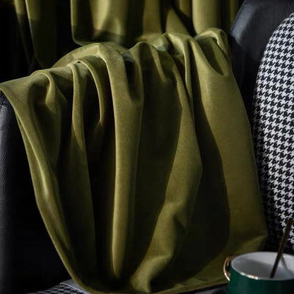 Luxurious soft sheen velvet drapes in deep rich colors enhancing living room and bedroom interiors