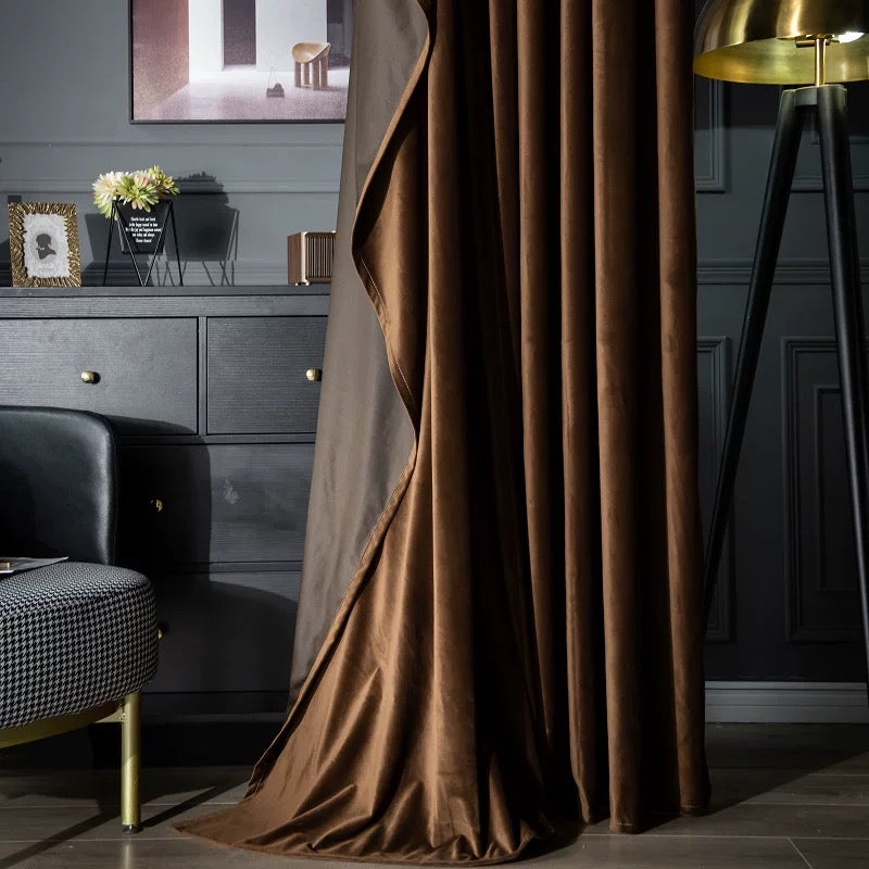 Luxurious soft sheen velvet drapes in rich colors enhancing living room and bedroom interiors