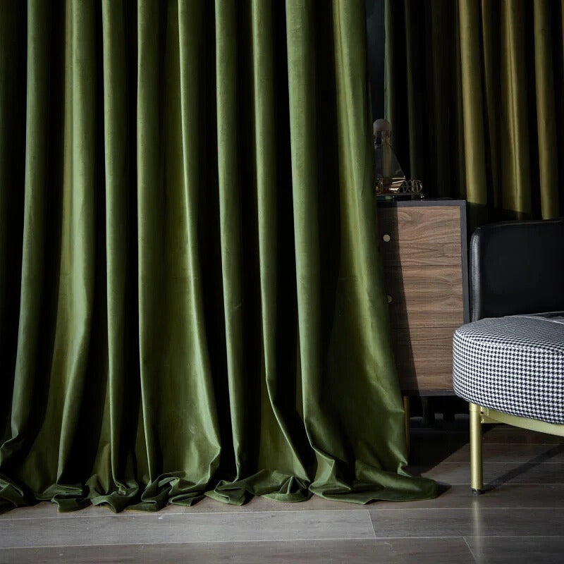 Luxurious soft sheen velvet drapes in rich colors enhancing elegant living room and bedroom decor