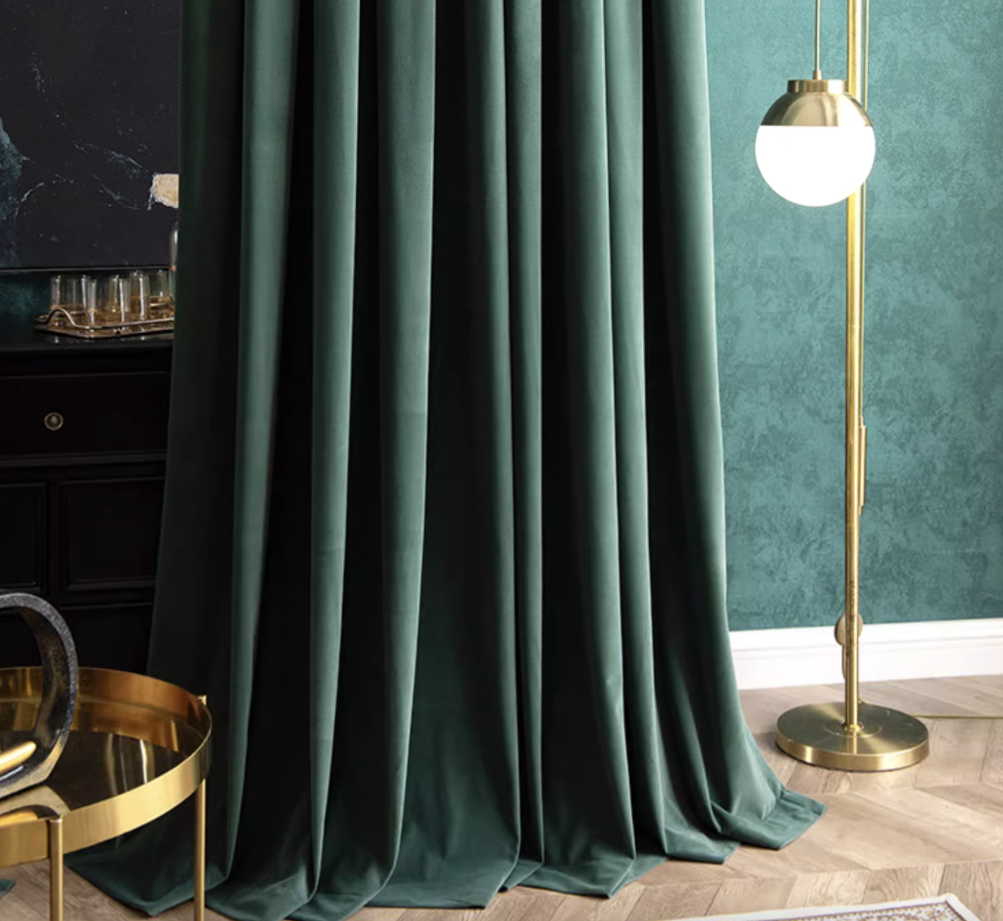 High-matte vintage velvet drapes in emerald green for elegant living room and bedroom decor