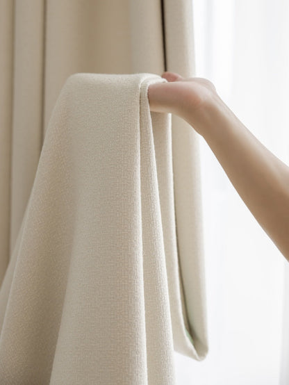 White blackout curtains linen blend close-up highlighting Morandi palette fabric texture.
