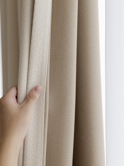 Heavyweight linen blackout curtains panel showing fabric thickness and quality for bedroom.