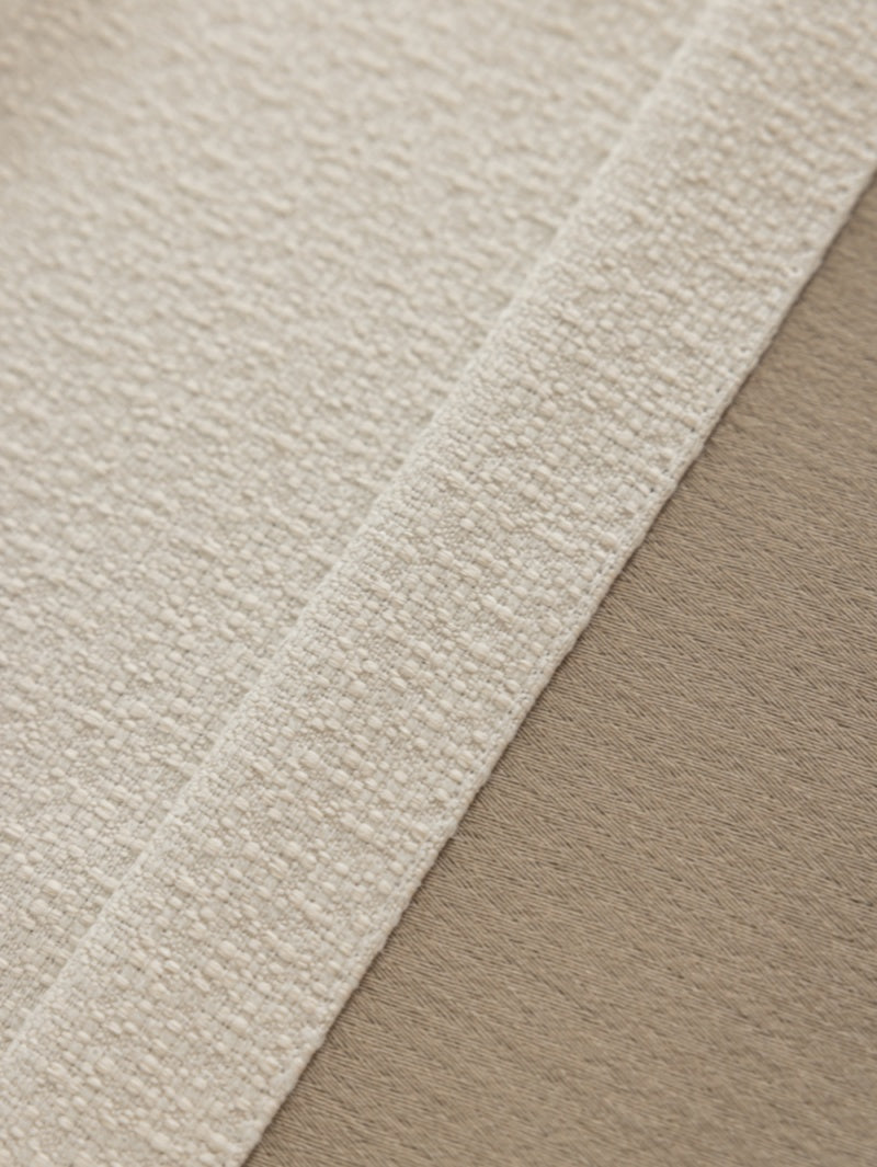 Heavyweight linen blackout curtains pleated header close-up for bedroom and living room.