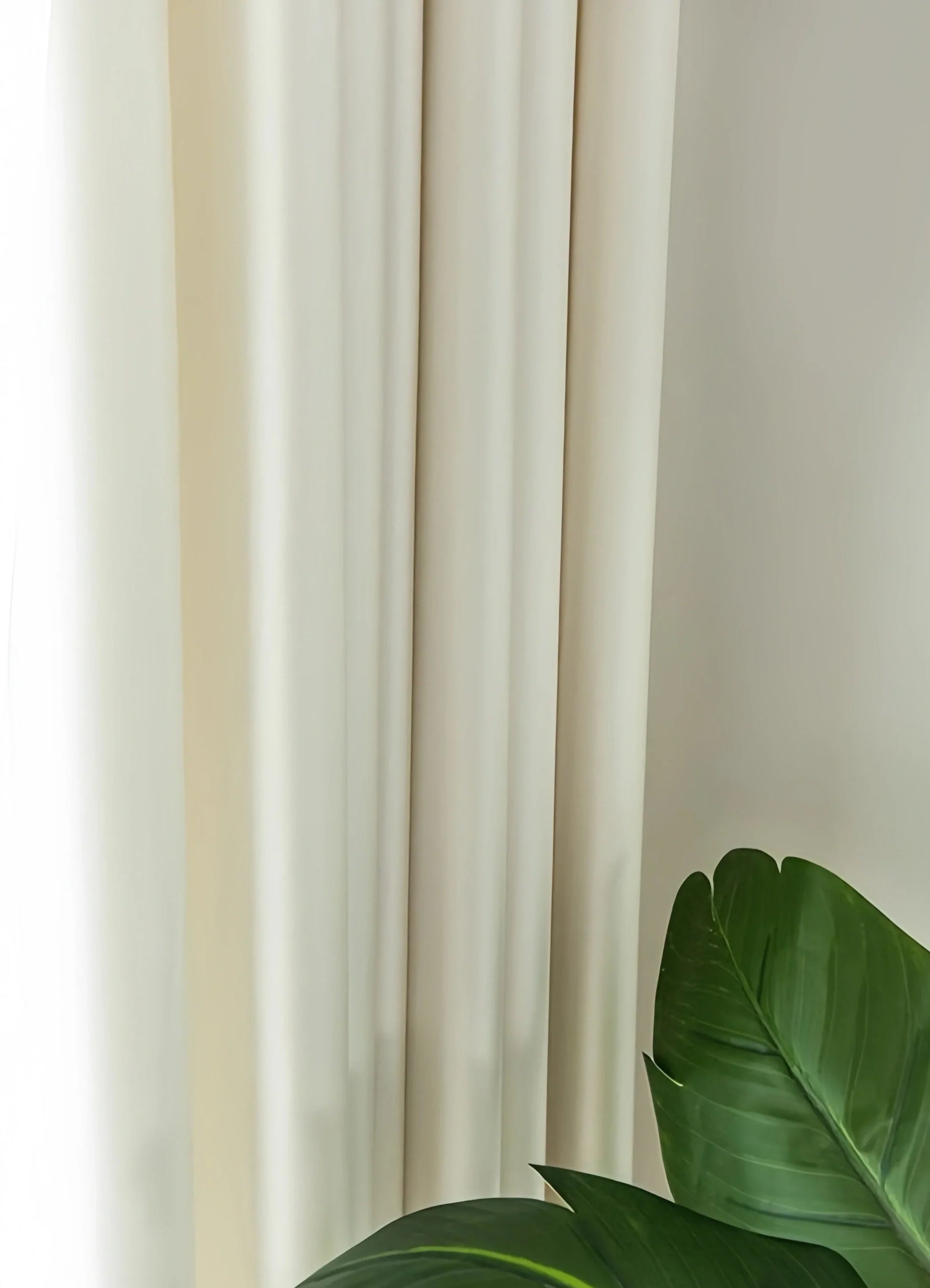 Ivory silk curtains with smooth draping hanging by a window next to green leaves
