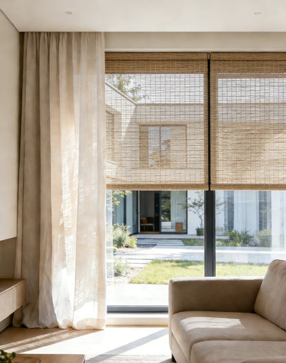 Woven Roman Shades in natural cinnamon jute, featuring a textured woven pattern and light-filtering design