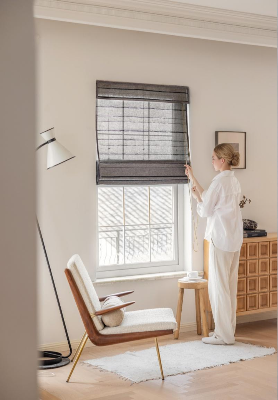 Black striped woven shades made of natural ramie and bamboo with breathable, mildew-resistant texture for modern interiors