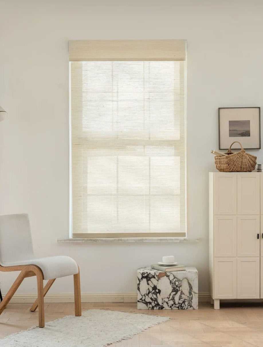 Creamy white natural ramie woven wood shades handcrafted for mildew resistance and versatile home decor