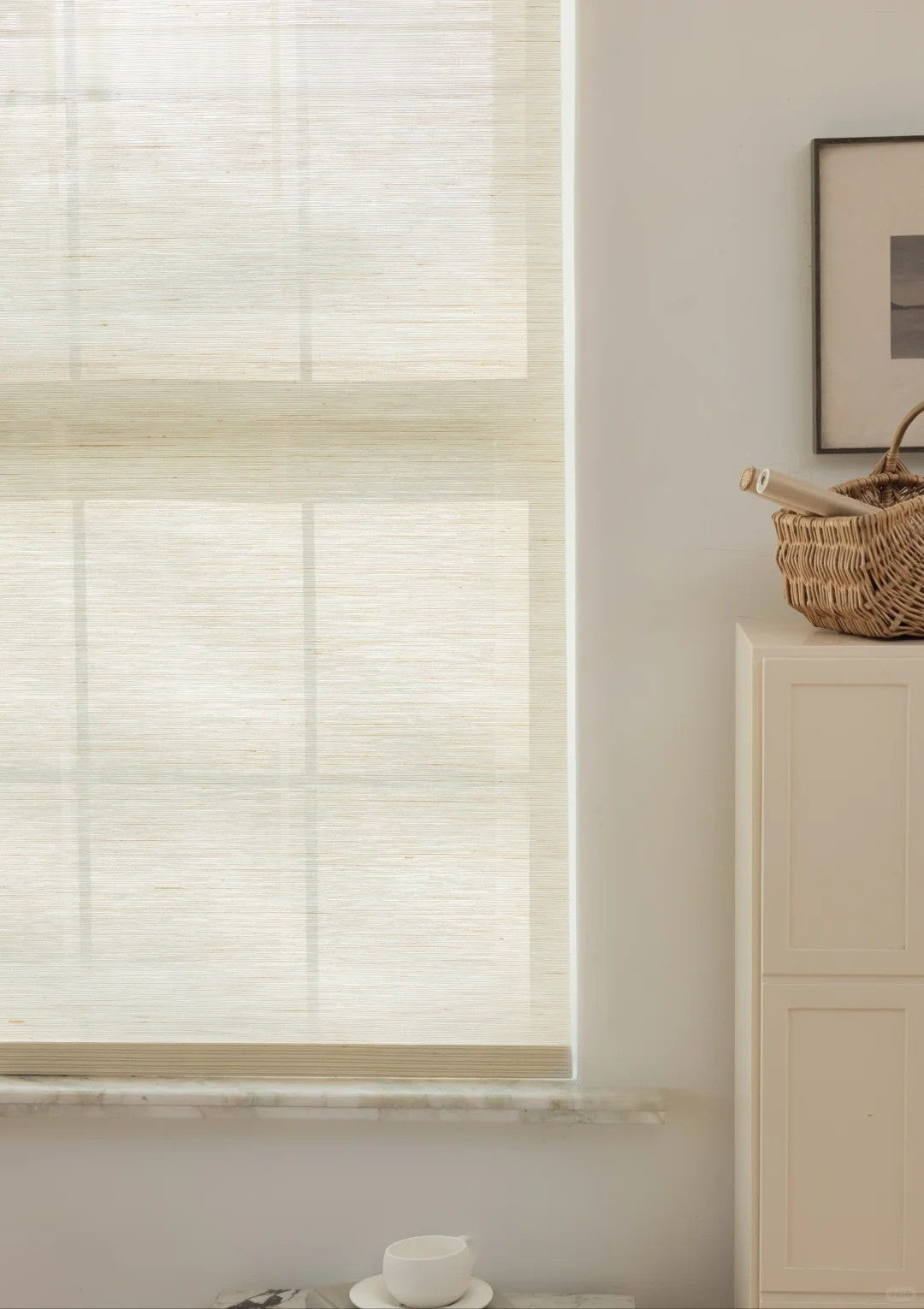 Creamy white natural ramie woven wood shades with handwoven texture and mildew-resistant features