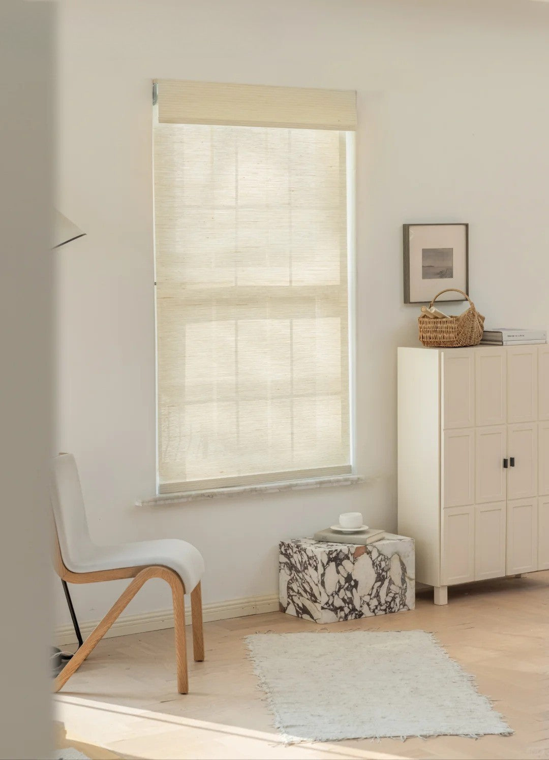 Creamy white natural ramie woven wood shades handcrafted for mildew resistance and classic style