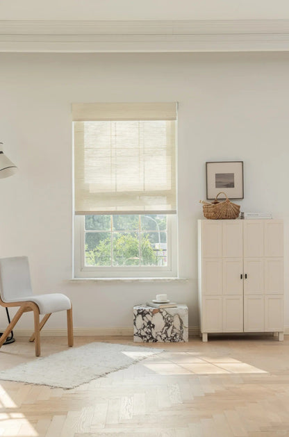 Creamy white natural ramie woven wood shades with fine texture and mildew resistance