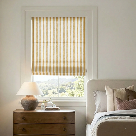 Yellow window shades in beige and butter-yellow striped linen, tailored Roman blind with adjustable foldable design